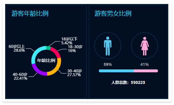 景區(qū)票務(wù)系統(tǒng)數(shù)據(jù)大屏：游客年齡比例、男女比例